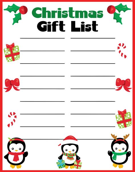 Printable Christmas List Template Free